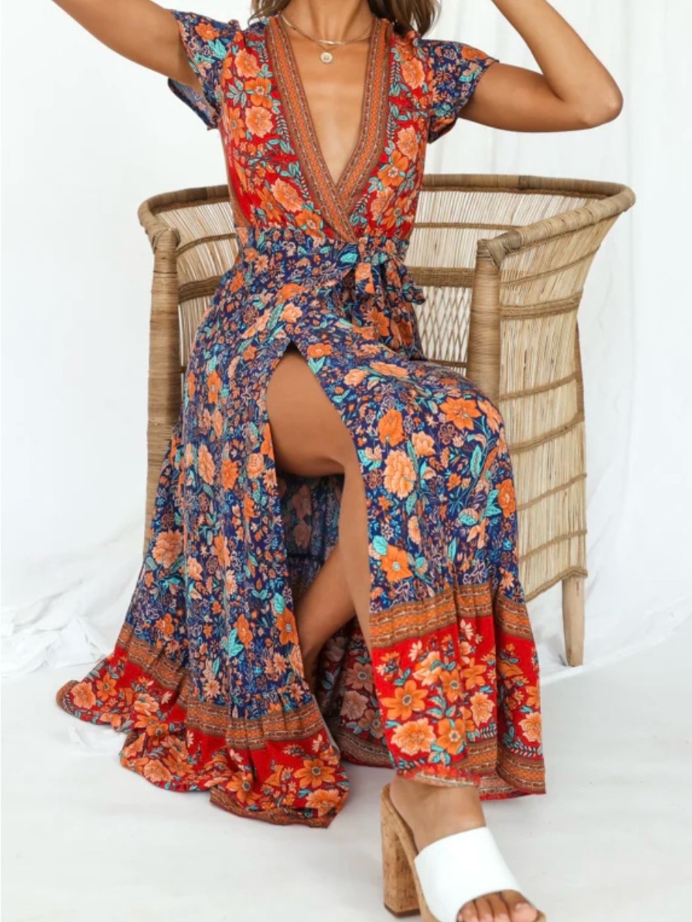 Floral V-Neck Wrap Maxi Dress in Navy & Orange
